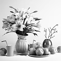 Decorative Ornament Combination with White Lily Bouquet Blue Striped Vase Metal Vase Branches Apples Cups