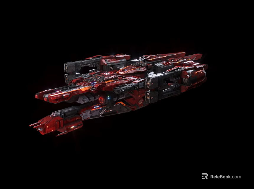 Red And Black Sci Fi Spaceship With Detailed Structure And Glowing Lights 3d model 