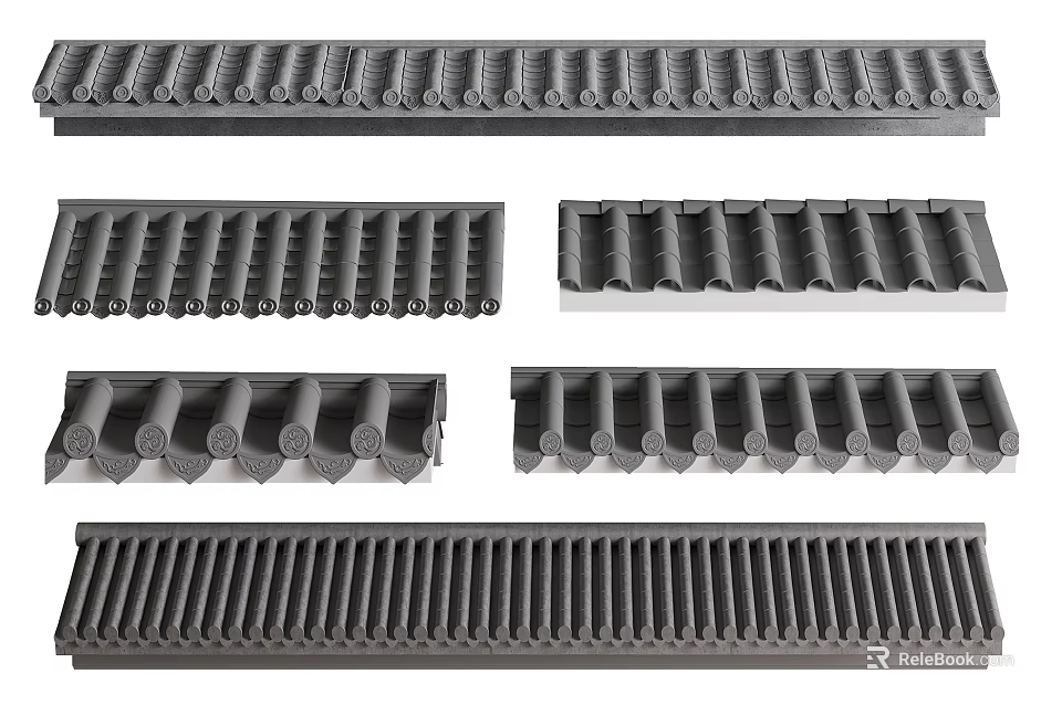 Traditional Roof Tile Components With Various Curved And Flat Designs 3d model 