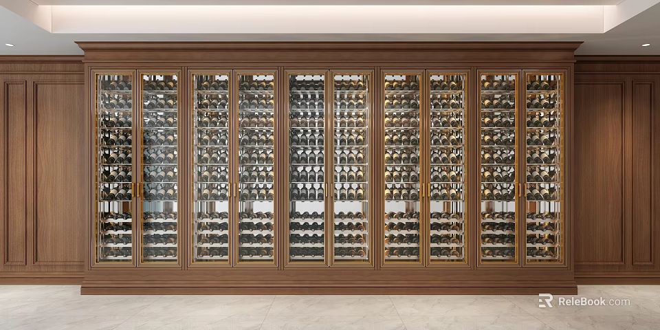 Elegant Modern Wine Cabinet With Glass Doors And Wooden Frame Holding Wine Bottles 3d model 