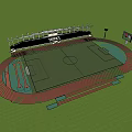 Football Field With Red Track Surrounding Blue And Red Stands Trees And Scoreboard