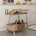 Wheeled Two Tier Wooden Rattan Side Table for Kitchen Storage with Fruits and Wine Bottles