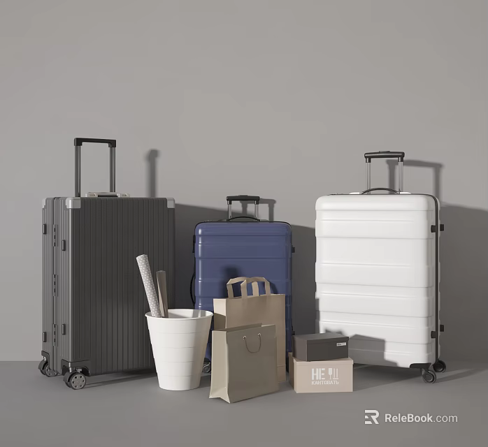 Stylish Gray Blue White Suitcases With Paper Bags And Hello Label Box 3d model 