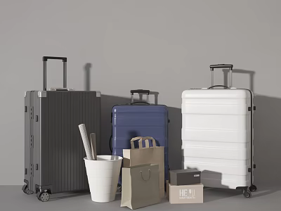 Stylish Gray Blue White Suitcases With Paper Bags And Hello Label Box 3d model