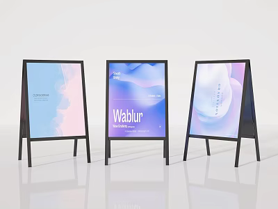 Three Wabur Advertising Display Boards With Black Metal Stands And Gradient Backgrounds 3d model