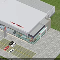 Car 4S Store Modern Glass Facade Building With Car Display Area And Parking Lot