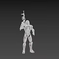 Sci Fi Game Movie Character In Red White Armor With Blue Eye And Shoulder Cannon