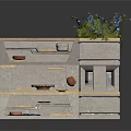 Gray Multi Tiered Cabinet With Open Shelves Dishes And Potted Plant On Top