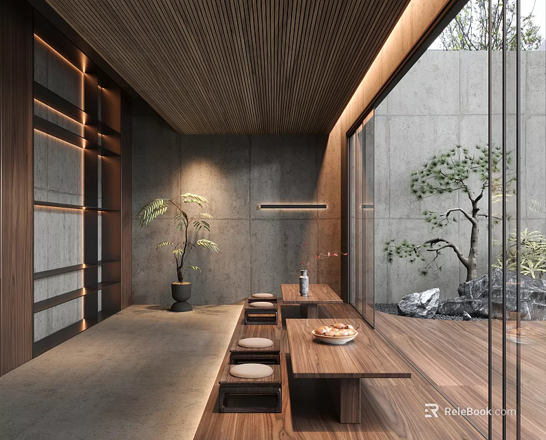 Serene Lounge Room With Wooden Accents And Natural Greenery 3d model 