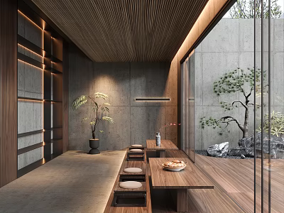 Serene Lounge Room With Wooden Accents And Natural Greenery 3d model