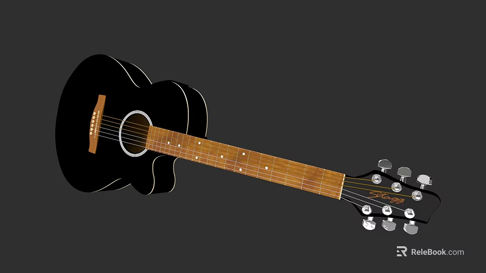 Musical Instruments and Art Supplies Featuring Black Acoustic Guitar with Wooden Neck and Tuning Pegs 3d model 