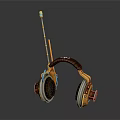 Game Movie Character Wearing Steampunk Mechanical Headphones Antenna Gold Brown Silver Glowing Blue Details