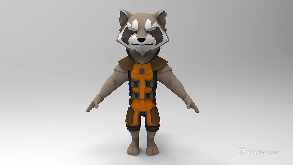 Tech Exhibition Hall Featuring Anthropomorphic Raccoon 3D Model With Orange Armor And Brown Outfit 3d model 