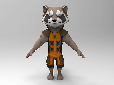 Tech Exhibition Hall Featuring Anthropomorphic Raccoon 3D Model With Orange Armor And Brown Outfit 3d model