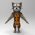 Tech Exhibition Hall Featuring Anthropomorphic Raccoon 3D Model With Orange Armor And Brown Outfit