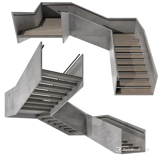 Modern Concrete Staircase Design With Wooden Treads And Metal Railings 3d model 