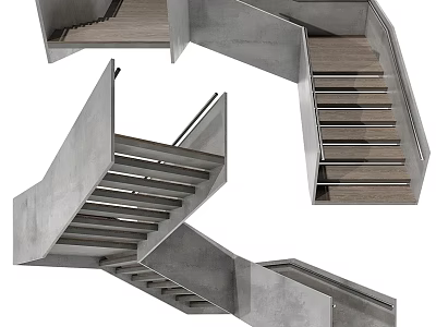 Modern Concrete Staircase Design With Wooden Treads And Metal Railings 3d model