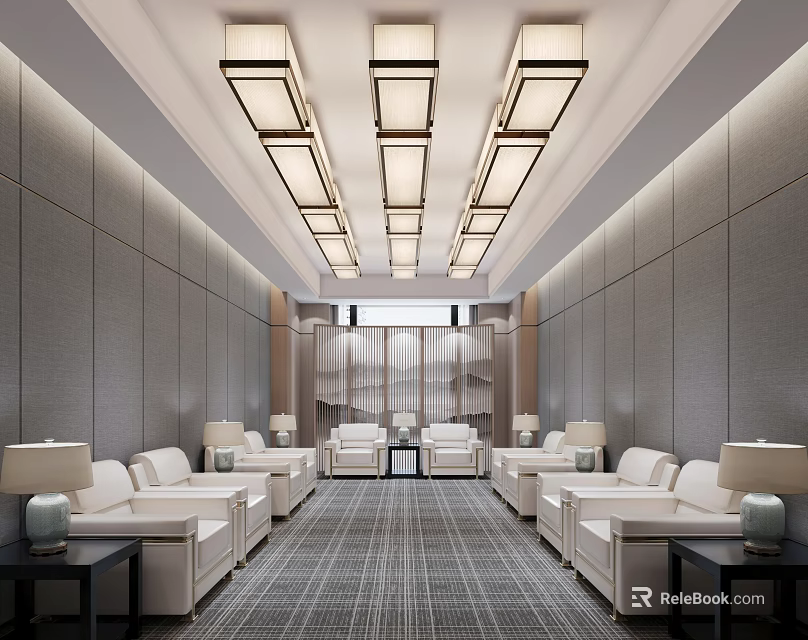 Modern Hotel Public Lounge Interior With White Sofas Ceiling Lights And Patterned Carpet 3d model 