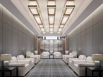 Modern Hotel Public Lounge Interior With White Sofas Ceiling Lights And Patterned Carpet 3d model