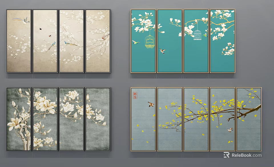 Botanical Paintings With Multiple Panels Featuring Flowers Branches And Birds On Soft Color Backgrounds 3d model 