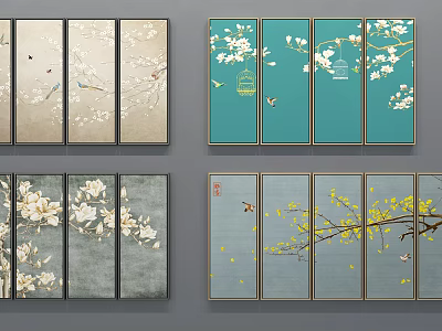 Botanical Paintings With Multiple Panels Featuring Flowers Branches And Birds On Soft Color Backgrounds 3d model