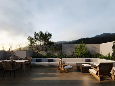 Cozy Modern Home Balcony With Outdoor Furniture Wooden Flooring Green Plants And Mountain Sunset View 3d model