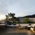Cozy Modern Home Balcony With Outdoor Furniture Wooden Flooring Green Plants And Mountain Sunset View