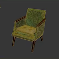 Teal Accent Chair With Wooden Armrests And Legs Featuring Decorative Cushion With Red Patterns