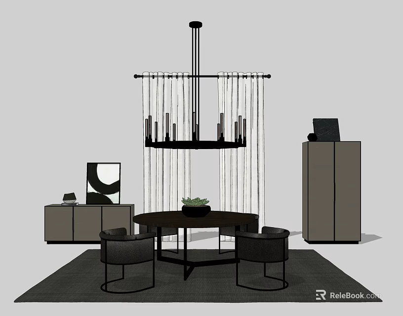 Stylish Living Room Interior With Round Table And Chairs Chandelier Curtains And Cabinet 3d model 