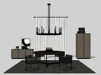 Stylish Living Room Interior With Round Table And Chairs Chandelier Curtains And Cabinet 3d model
