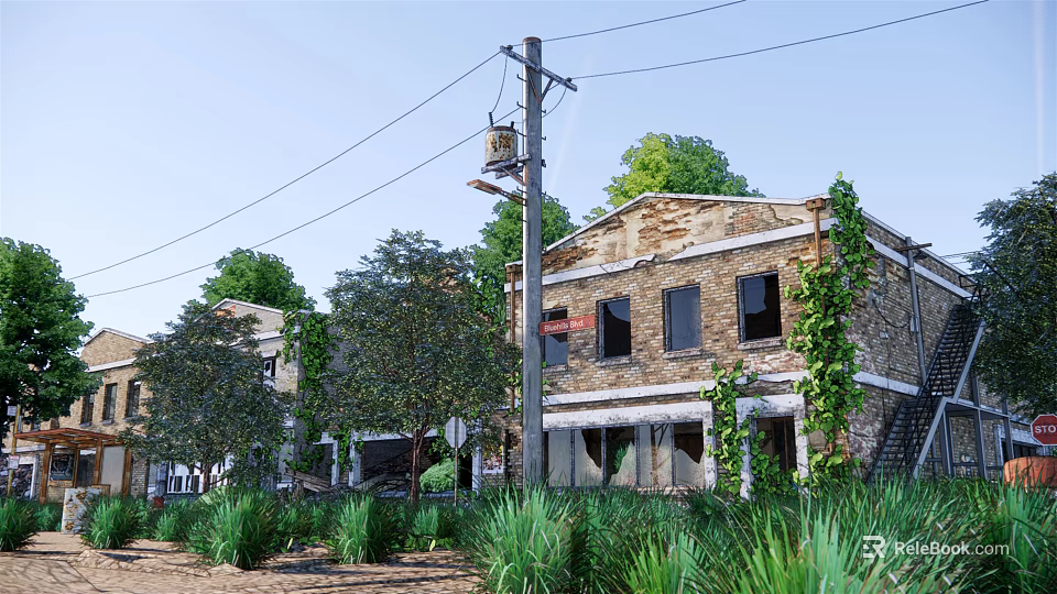 Old Brick Building Covered With Vines Surrounded By Trees And Electric Pole Under Blue Sky 3d model 