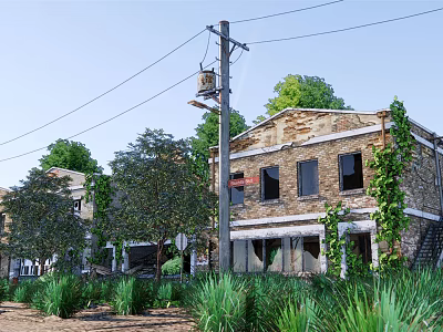 Old Brick Building Covered With Vines Surrounded By Trees And Electric Pole Under Blue Sky 3d model