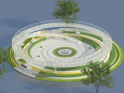 Circular Multi Layered Landscape Design With Green Lawns White Railings And Trees 3d model