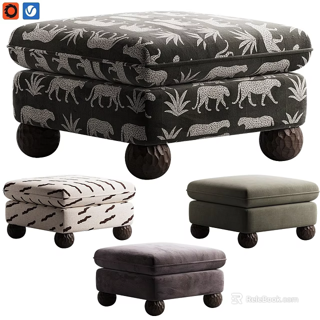 Animal and Plant Pattern Ottoman Stools with Wooden Round Legs in Different Colors 3d model 
