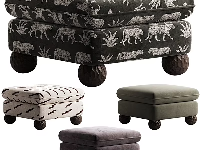 Animal and Plant Pattern Ottoman Stools with Wooden Round Legs in Different Colors 3d model