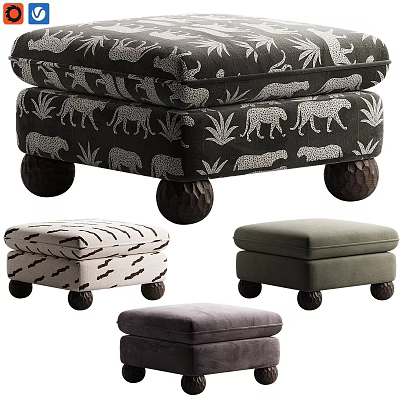 Animal and Plant Pattern Ottoman Stools with Wooden Round Legs in Different Colors 3d model