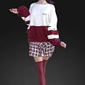 Woman Wearing White And Burgundy Striped Sweater With BARE Lettering And Plaid Skirt
