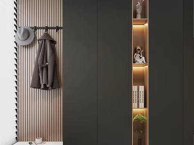 Modern Black Shoe Cabinet with Wooden Wall Coat Rack Decorative Shelves and LED Lighting 3d model