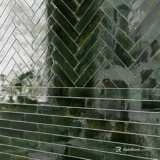 Dark Green Glossy Floor Tiles In Herringbone And Straight Patterns 3d model