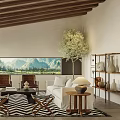 Modern Living Room Interior With White Sofa Wooden Ceiling Geometric Rug And Mountain View Through Large Windows