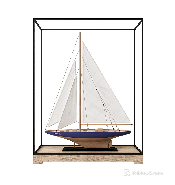 Decorative Sailboat Model Ornament Set in Glass Display Case with White Sails Blue Wooden Hull 3d model 