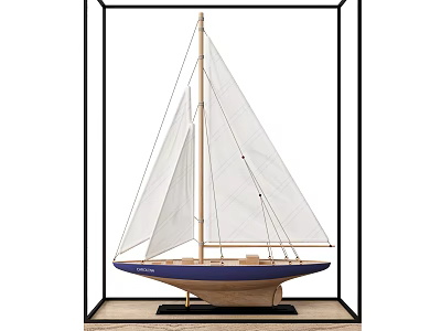 Decorative Sailboat Model Ornament Set in Glass Display Case with White Sails Blue Wooden Hull 3d model