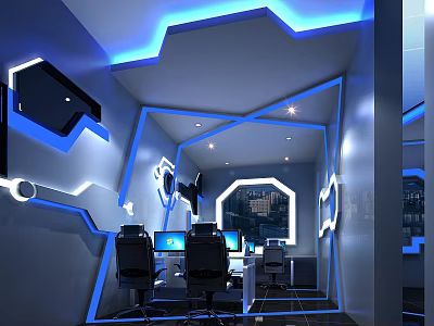 Modern Internet Cafe Interior Featuring Blue White Lighting Geometric Decorations And Computer Setups 3d model