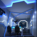 Modern Internet Cafe Interior Featuring Blue White Lighting Geometric Decorations And Computer Setups 3d model