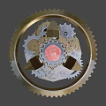Futuristic Weapon Design Featuring Golden Gear Red Core And Silver Metal Components
