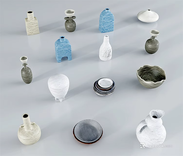 Ceramic Vessels Vases Bowls Plates Jugs in White Blue Gray with Textured and Smooth Surfaces 3d model 