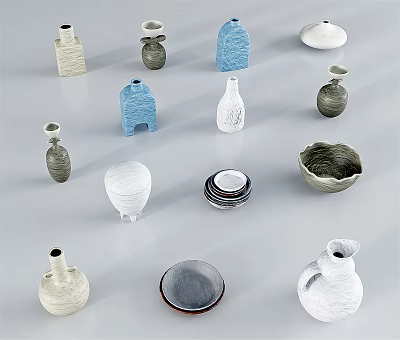 Ceramic Vessels Vases Bowls Plates Jugs in White Blue Gray with Textured and Smooth Surfaces 3d model