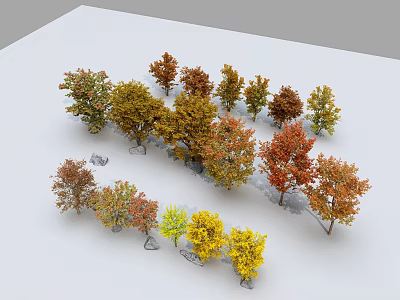 Colorful Model Trees With Green Yellow Orange Red Leaves Arranged On White Background 3d model