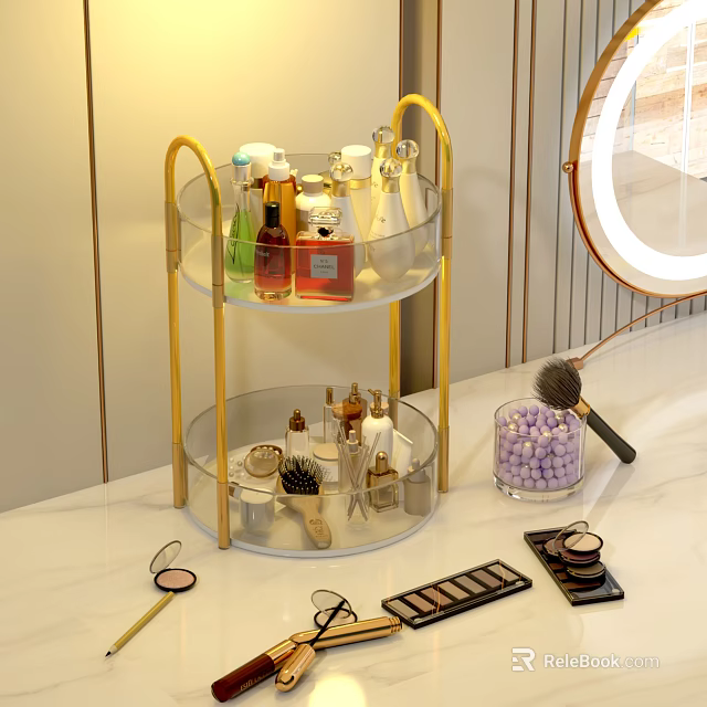Rotating Gold Frame Transparent Acrylic Perfume Cosmetics Storage Organizer with Beauty Tools on Marble Countertop 3d model 
