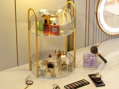 Rotating Gold Frame Transparent Acrylic Perfume Cosmetics Storage Organizer with Beauty Tools on Marble Countertop 3d model
